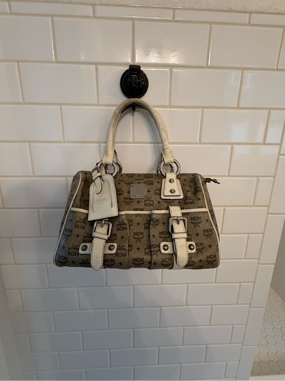 MCM Beige Monogram Satchel with White Trim and Buckle Accents